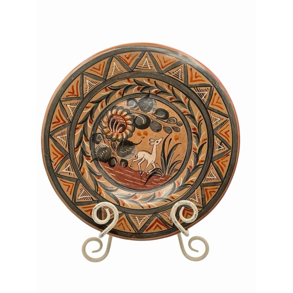 Vintage Mexican Tonala Folk Art Pottery Plate Deer Wall Hanging 12" Terra Cotta